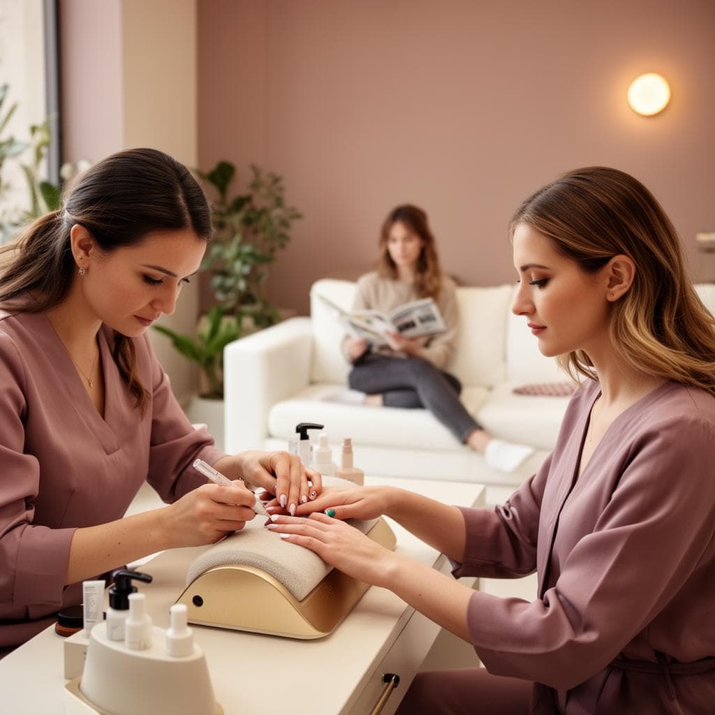 Modernes, gebuchtes Beauty Studio mit zufriedener Kundin