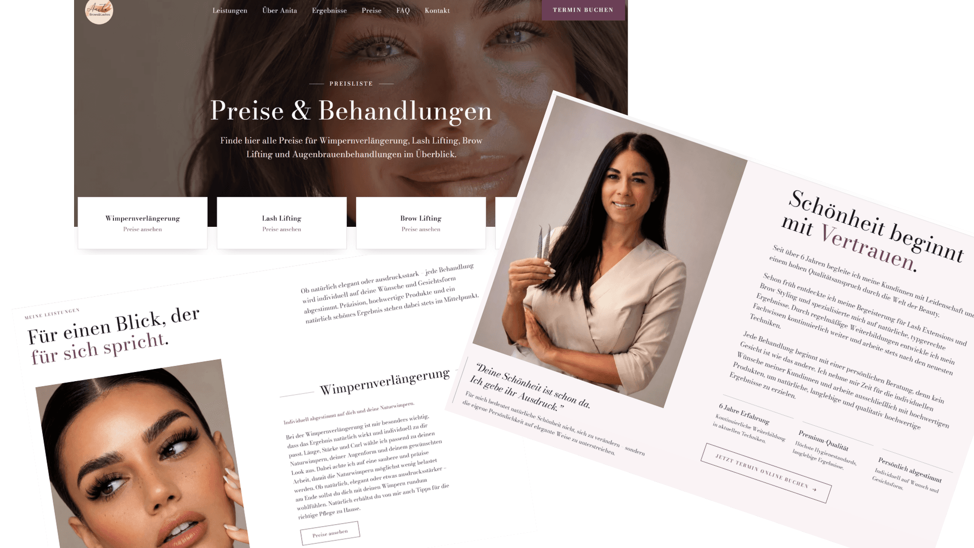 Editorial-Collage der Website anitabrowsandlashes.at mit mehreren Seitenausschnitten